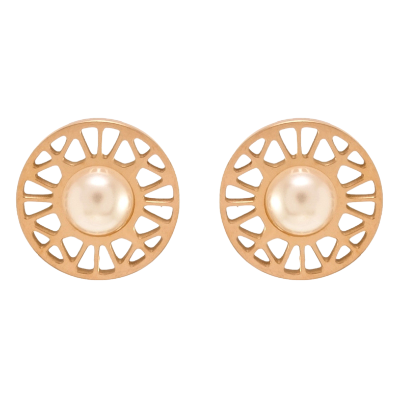 Сережки Xuping TTM Stainless Steel колір РО пусети Круги з різьбленим візерунком та перлами ø 12мм фото №1