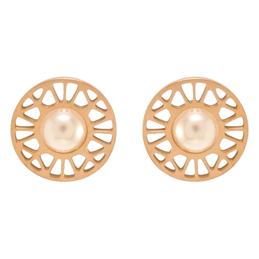 Серьги Xuping TTM Stainless Steel цвет РО пусеты Круги с резным узором и жемчугом ø 12мм фото №1