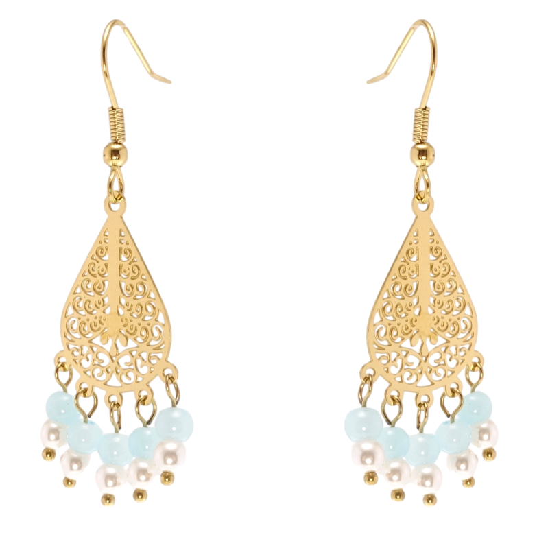 Сережки Xuping TTM Stainless Steel колір 14K французький замок Ажурні підвіски з намистинами фото №1