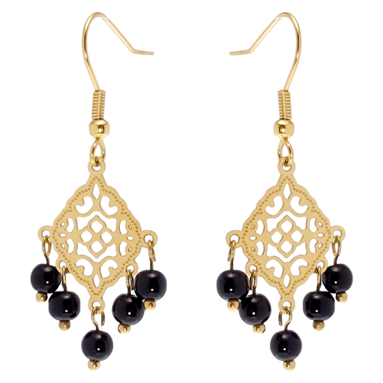 Сережки Xuping TTM Stainless Steel колір 14K французький замок Ажурні підвіски з чорними намистинами фото №1 Сережки Xuping TTM Stainless Steel колір 14K французький замок Ажурні підвіски з чорними намистинами фото №1