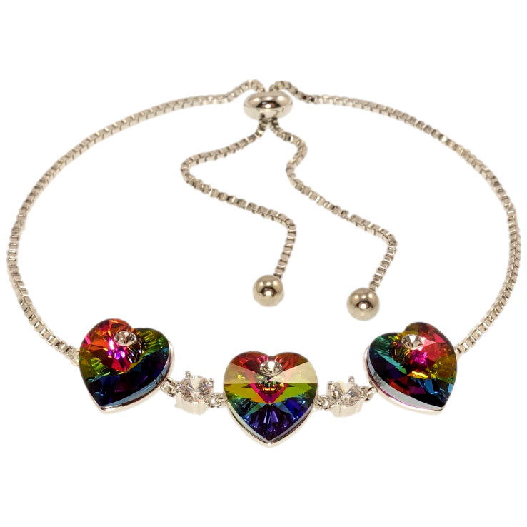 Браслет Xuping колір Родій з кр-ми Swarovski Три серця Vitrail Medium на ланцюжку на бігунці 12-28см х 2мм фото №2