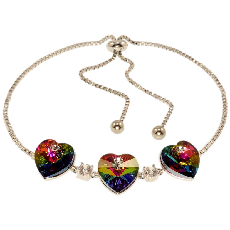 Браслет Xuping цвет Родий с кр-ми Swarovski Три сердечка Vitrail Medium на цепочке на бегунке 12-28см х 2мм фото №1