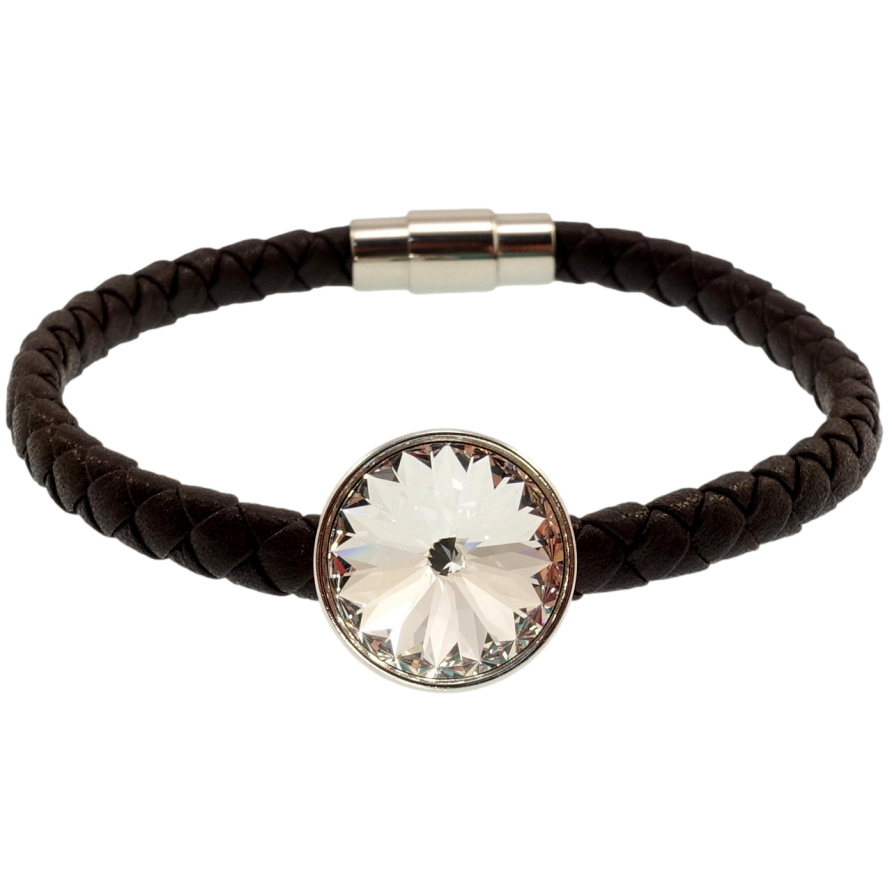 Браслет Xuping цвет Родий с кр-ми Swarovski Кожаный корич. шнур магнитная застежка, Clear ø 15мм длина фото №1