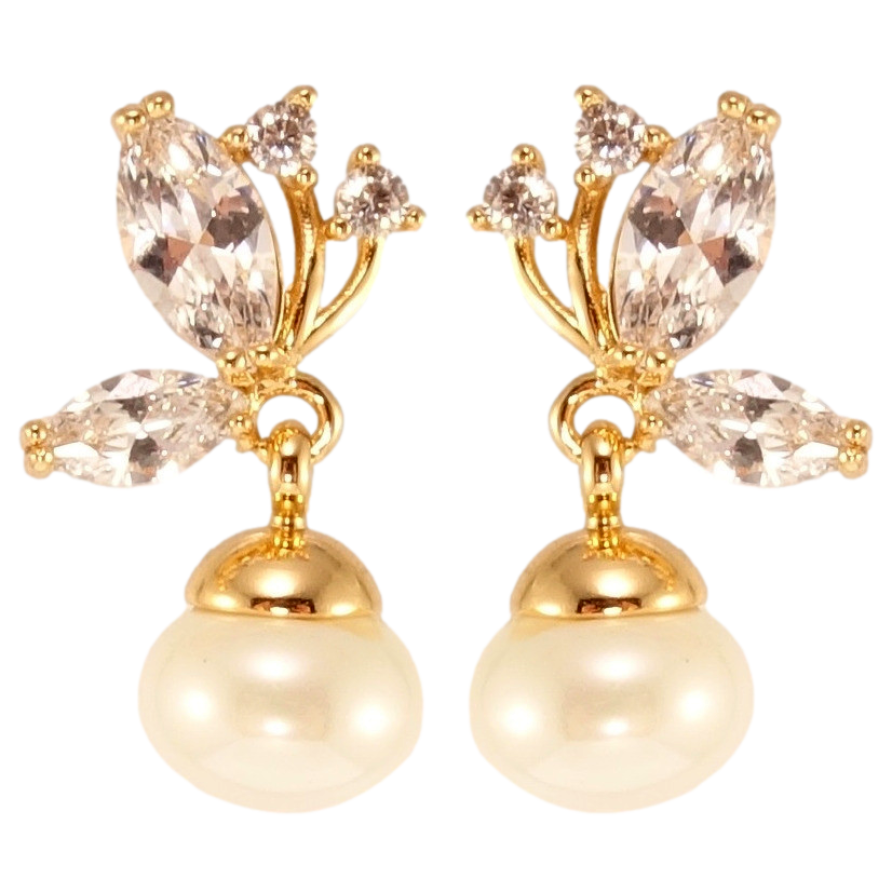 Серьги Xuping Позолота 18K пусеты Кристальные бабочки с жемчужными подвесками фото №1