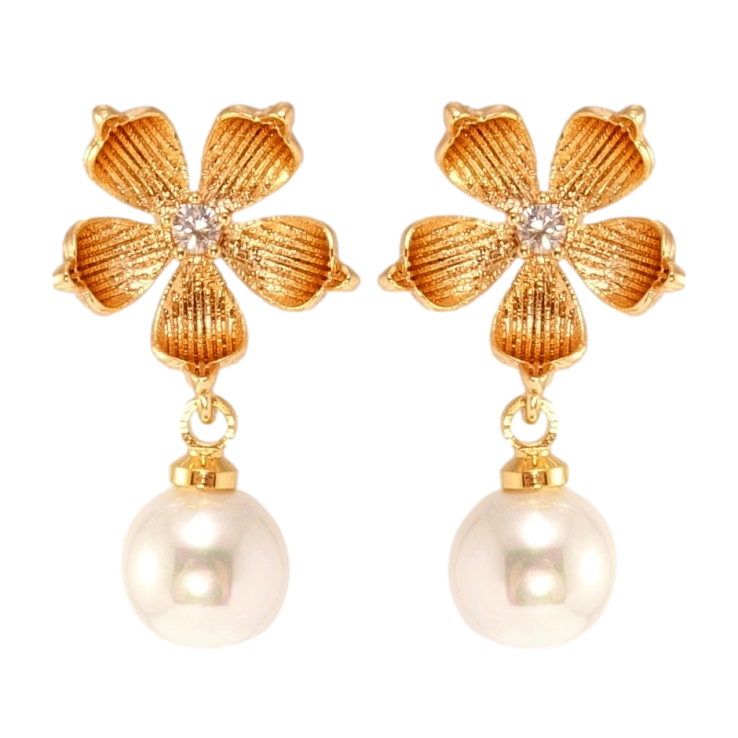 Серьги Xuping Позолота 18K пусеты Цветочки с жемчужными подвесками фото №14