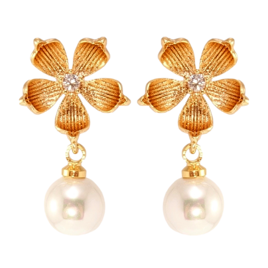 Серьги Xuping Позолота 18K пусеты Цветочки с жемчужными подвесками фото №1