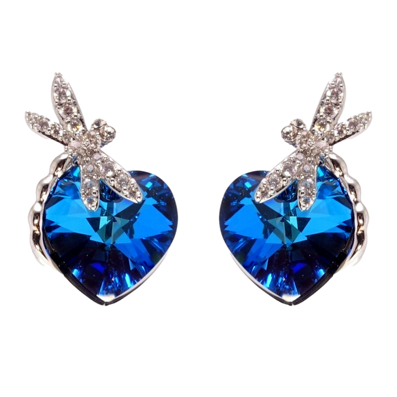 Серьги Xuping цвет Родий с кристаллами Swarovski пусеты Стрекоза с кристаллом   Bermuda Blue фото №1