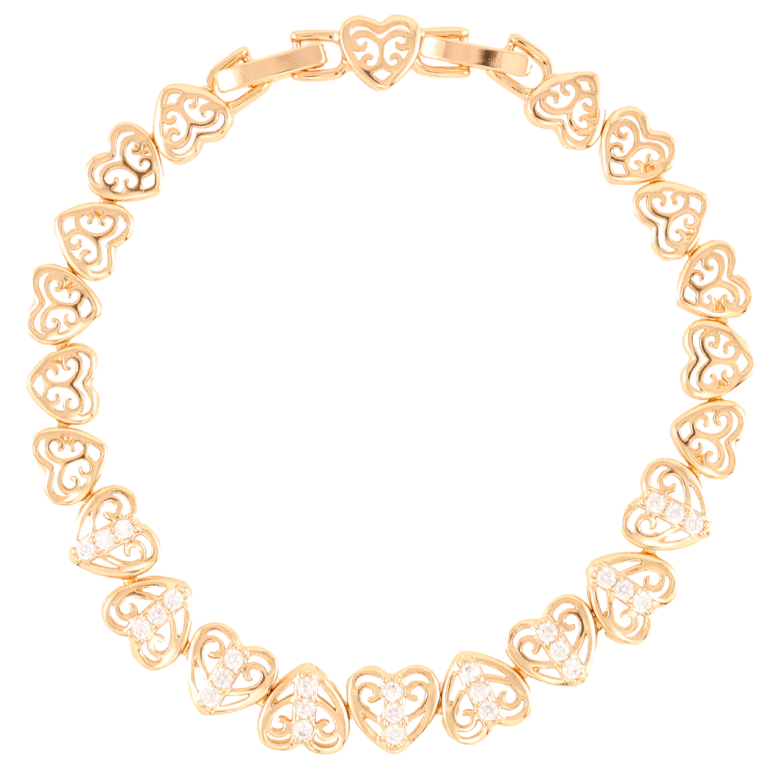 Браслет Xuping Позолота 18K «Різьблені сердечка з цирконієм» довжина з доп.замком 17.5,19.5см х 8мм фото №1 Браслет Xuping Позолота 18K «Різьблені сердечка з цирконієм» довжина з доп.замком 17.5,19.5см х 8мм фото №1