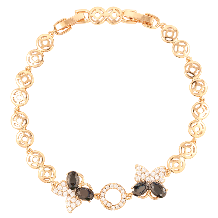 Браслет Xuping Позолота 18K Бабочки с цирконием и черными фианитами длинна с доп.замком 17,19см х 6мм фото №1 Браслет Xuping Позолота 18K Бабочки с цирконием и черными фианитами длинна с доп.замком 17,19см х 6мм фото №1