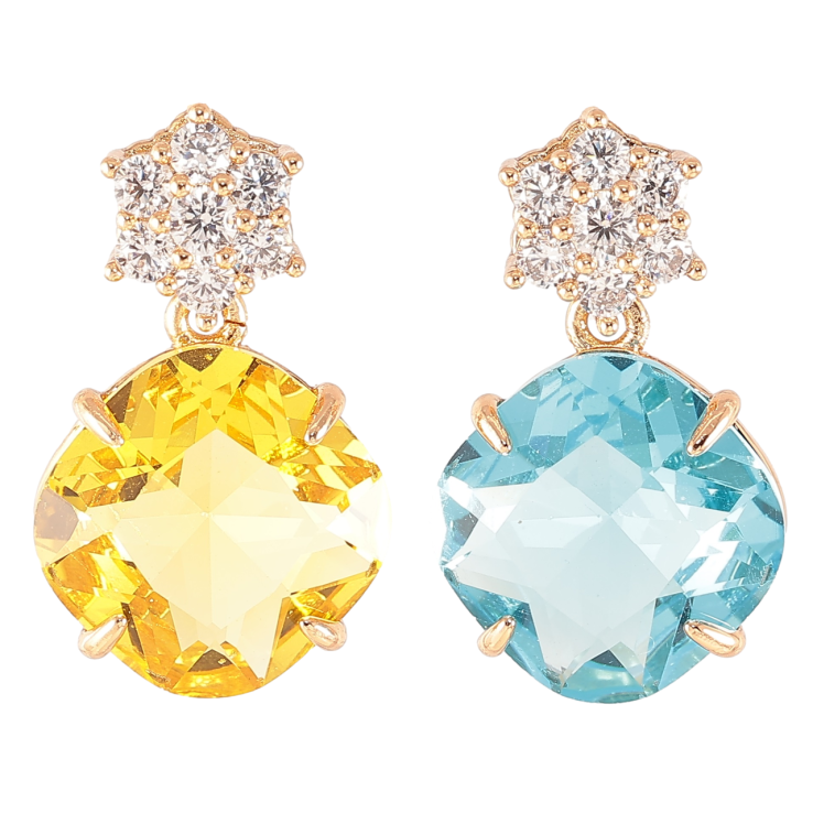 Сережки Xuping колір 18K пусети «Жовто-блакитні кристали з кришталевими квіточками» фото №10