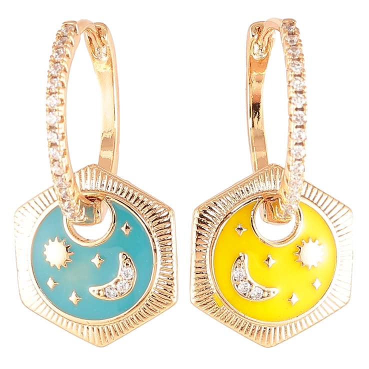 Сережки Xuping колір 18K підвіски на колечках «Візерунок Зоряна ніч жовто-блакитною емаллю» 2 в 1 фото №6