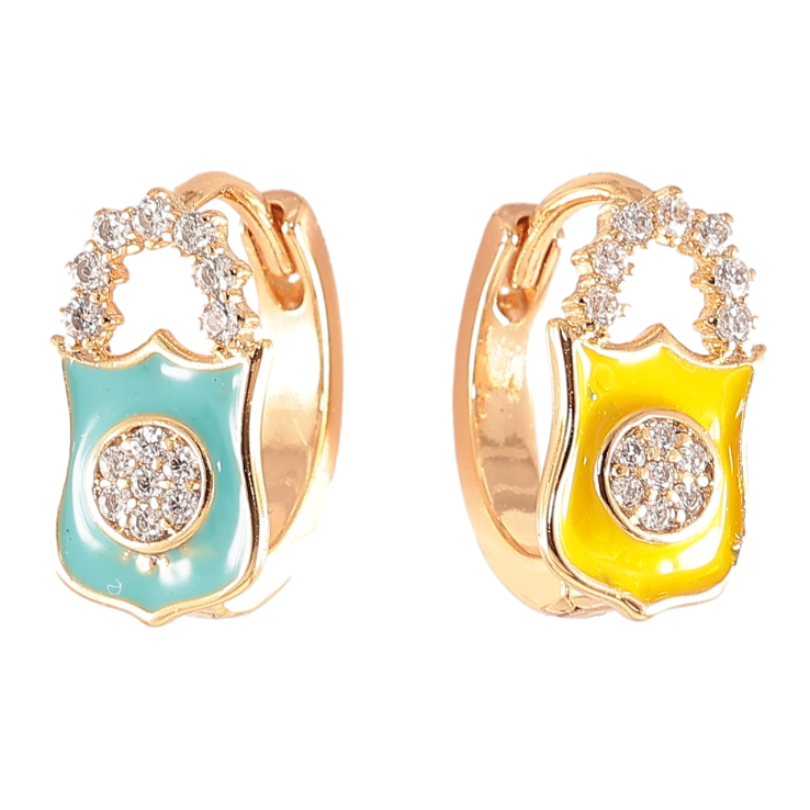 Сережки Xuping колір 18K колечка «Замочки з кристалами і жовто-блакитною емаллю» фото №7