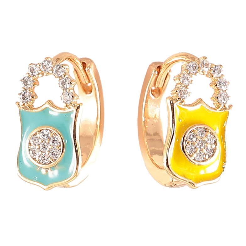 Сережки Xuping колір 18K колечка «Замочки з кристалами і жовто-блакитною емаллю» фото №3