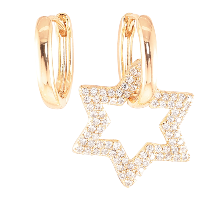 Серьги Xuping Позолота 18K подвески на колечках Ассиметричные, звезда с цирконием 2 в 1 фото №1