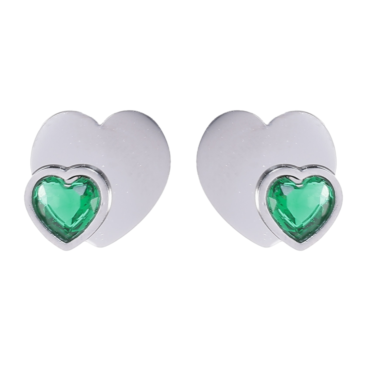 Серьги Xuping TTM Stainless Steel цвет Родий пусеты Сердечки с зелеными кристаллами фото №8