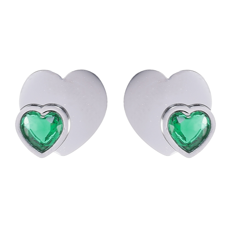 Серьги Xuping TTM Stainless Steel цвет Родий пусеты Сердечки с зелеными кристаллами фото №1