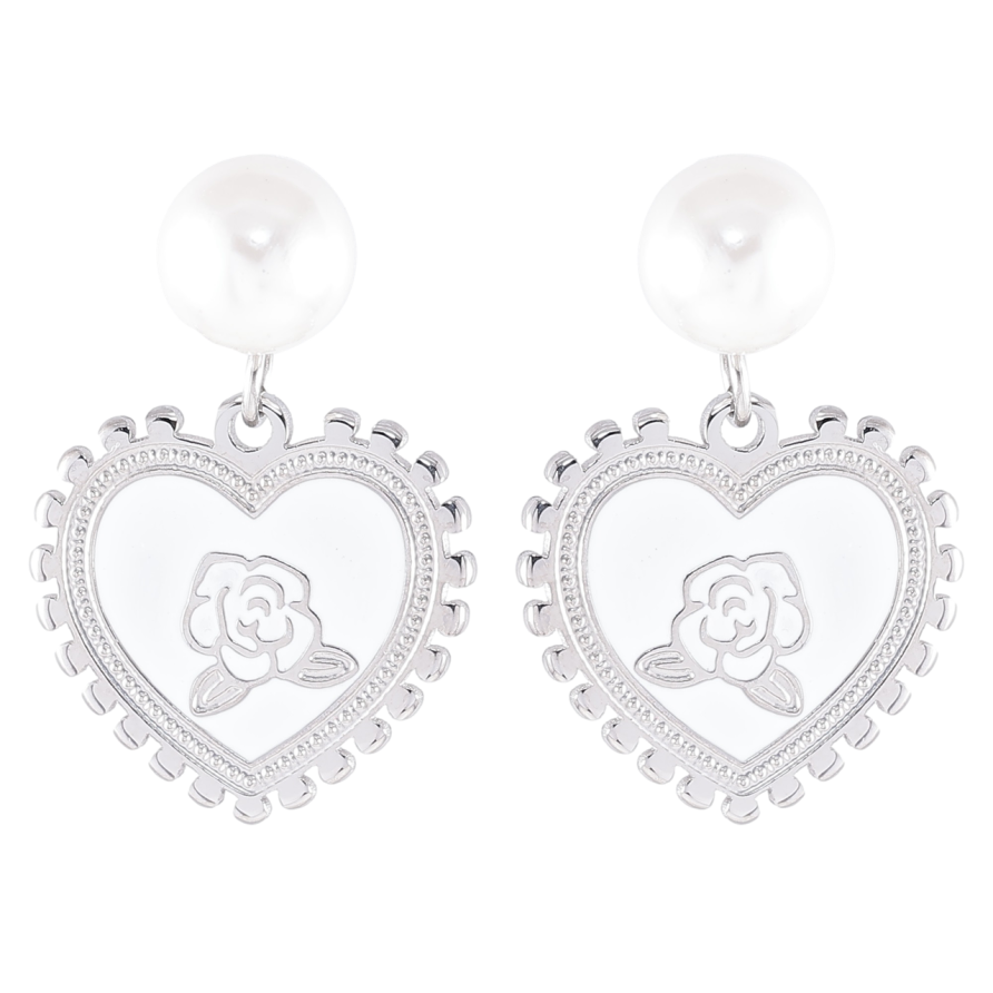 Серьги Xuping TTM Stainless Steel цвет Родий пусеты Романтичные подвески с белой эмалью и жемчужинами фото №1 Серьги Xuping TTM Stainless Steel цвет Родий пусеты Романтичные подвески с белой эмалью и жемчужинами фото №1