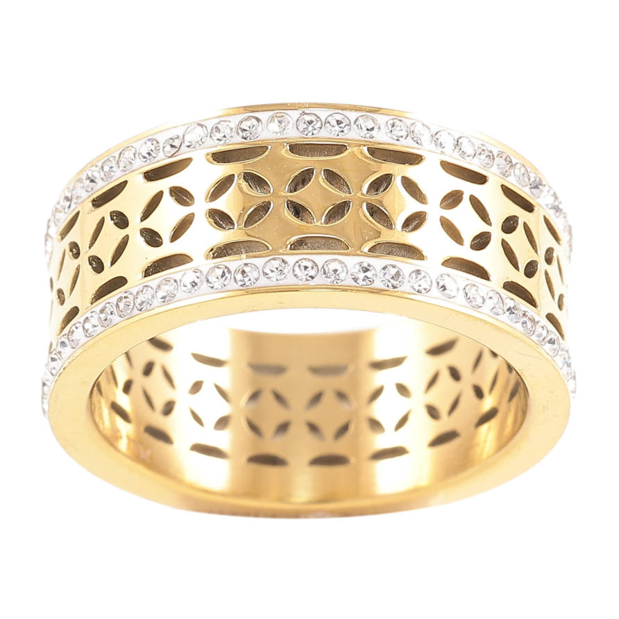 Каблучка Xuping TTM Stainless Steel Колір 14К «Різьблений візерунок з доріжками цирконію, шир. 9мм» фото №1