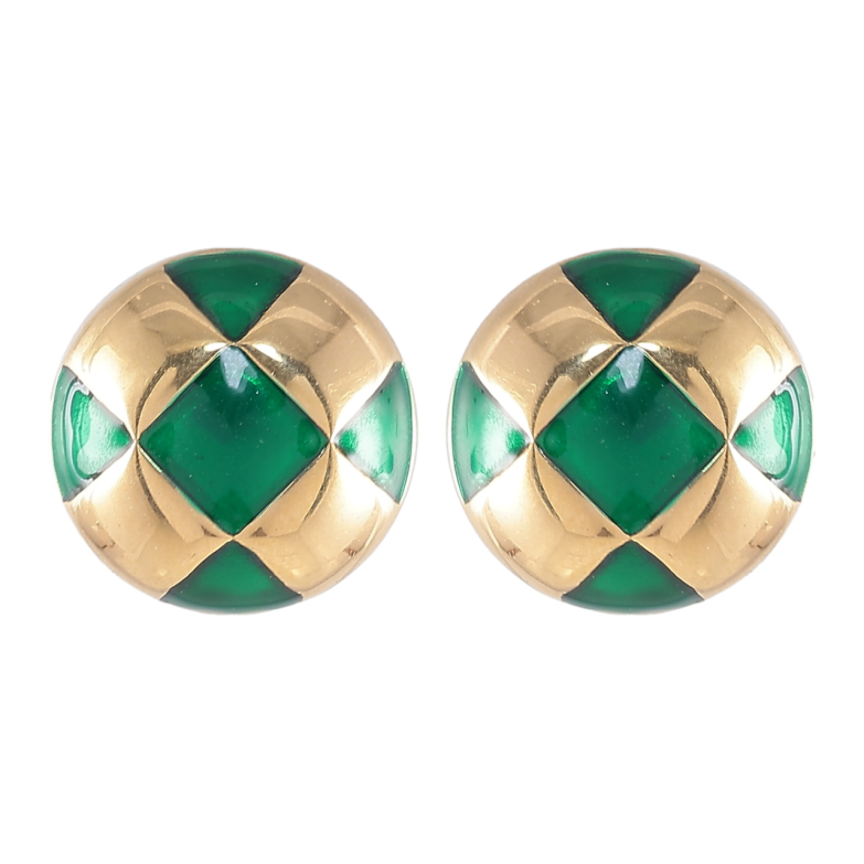 Сережки Xuping TTM Stainless Steel колір 14K пусети «Круги з візерунком зеленою емаллю» ø 13мм фото №3