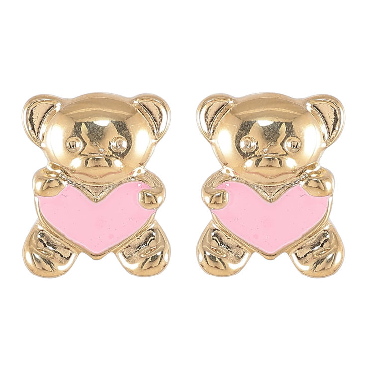 Серьги Xuping TTM Stainless Steel цвет 14K пусеты Мишки с сердечками розовой эмалью фото №5