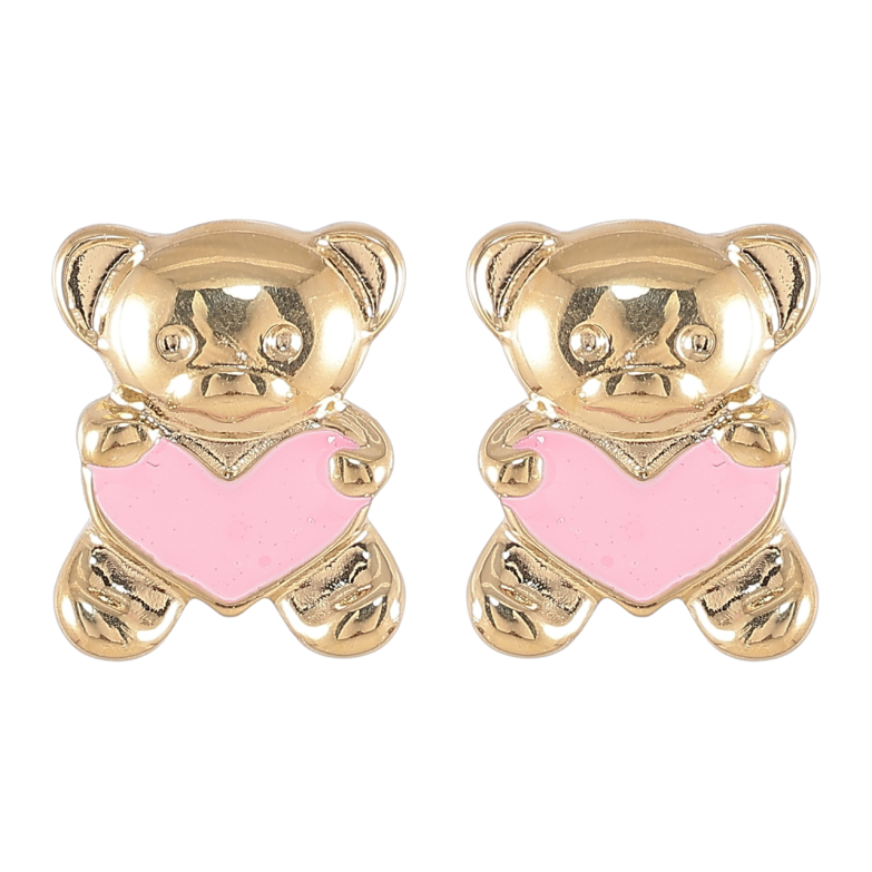 Серьги Xuping TTM Stainless Steel цвет 14K пусеты Мишки с сердечками розовой эмалью фото №1