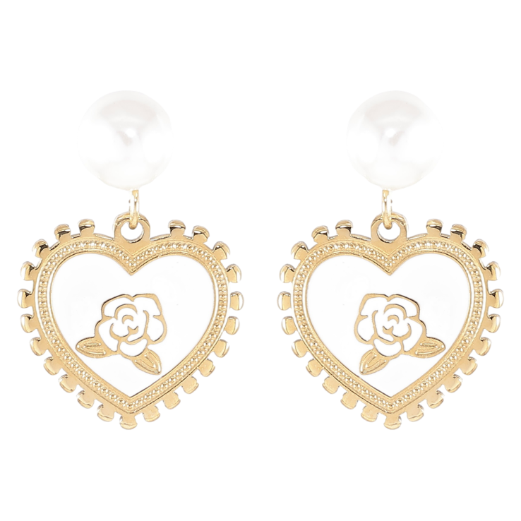 Серьги Xuping TTM Stainless Steel цвет 14K пусеты Сердечки с цветочным узором на белой эмали фото №18