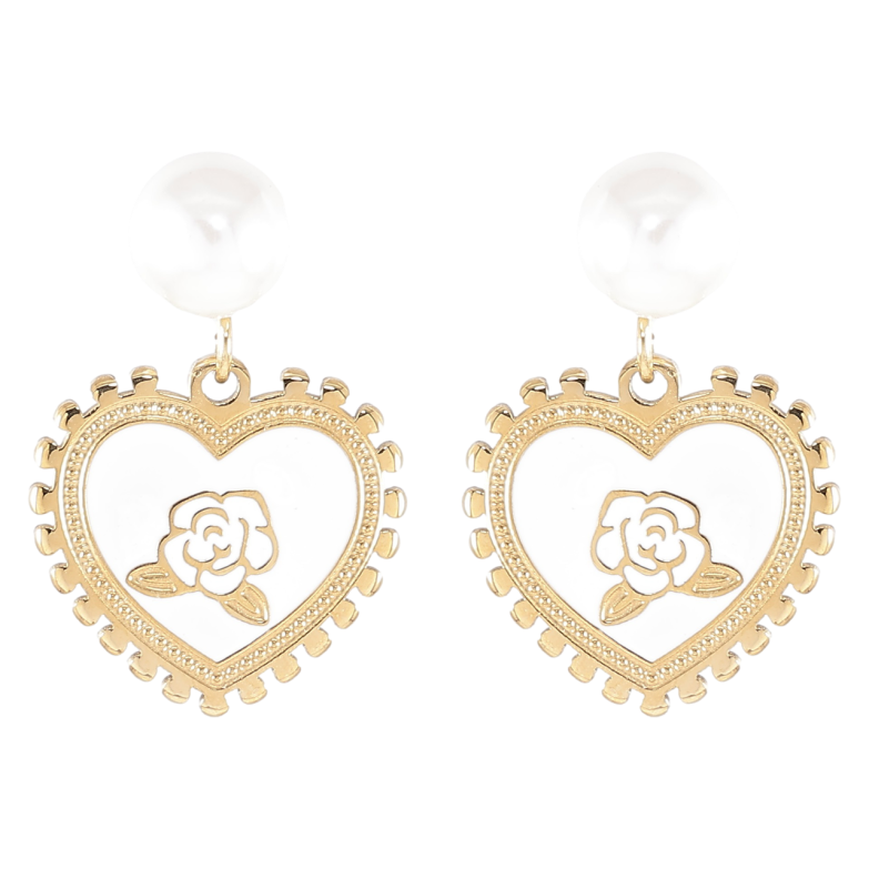 Серьги Xuping TTM Stainless Steel цвет 14K пусеты Сердечки с цветочным узором на белой эмали фото №1 Серьги Xuping TTM Stainless Steel цвет 14K пусеты Сердечки с цветочным узором на белой эмали фото №1