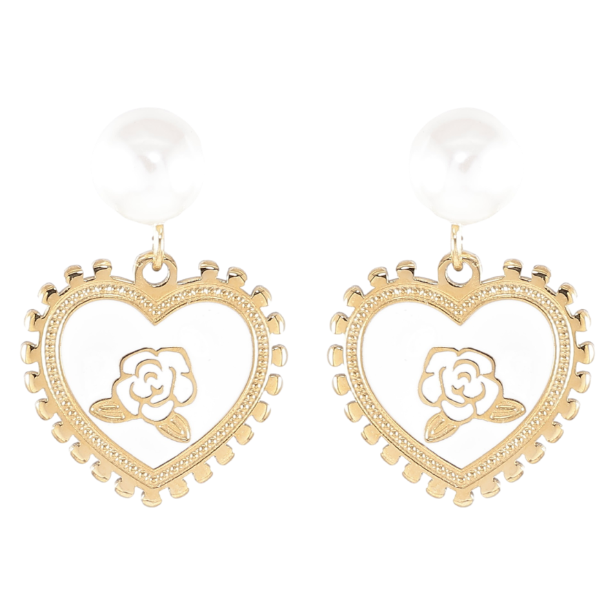 Сережки Xuping TTM Stainless Steel колір 14K пусети «Сердечка з квітковим візерунком на білій емалі» фото №1 Сережки Xuping TTM Stainless Steel колір 14K пусети «Сердечка з квітковим візерунком на білій емалі» фото №1