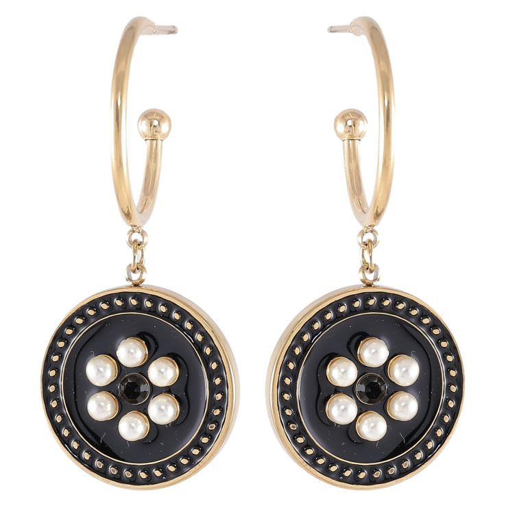 Серьги Xuping TTM Stainless Steel цвет 14K пусеты Круглые подвески с черной эмалью и жемчужинками фото №7