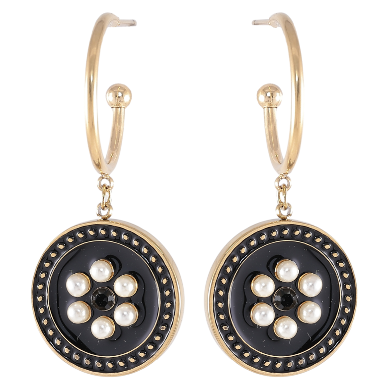 Серьги Xuping TTM Stainless Steel цвет 14K пусеты Круглые подвески с черной эмалью и жемчужинками фото №1