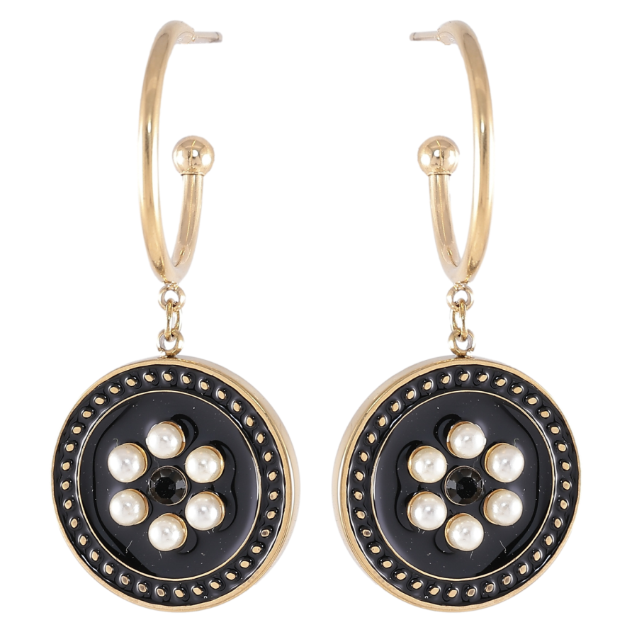 Серьги Xuping TTM Stainless Steel цвет 14K пусеты Круглые подвески с черной эмалью и жемчужинками фото №1