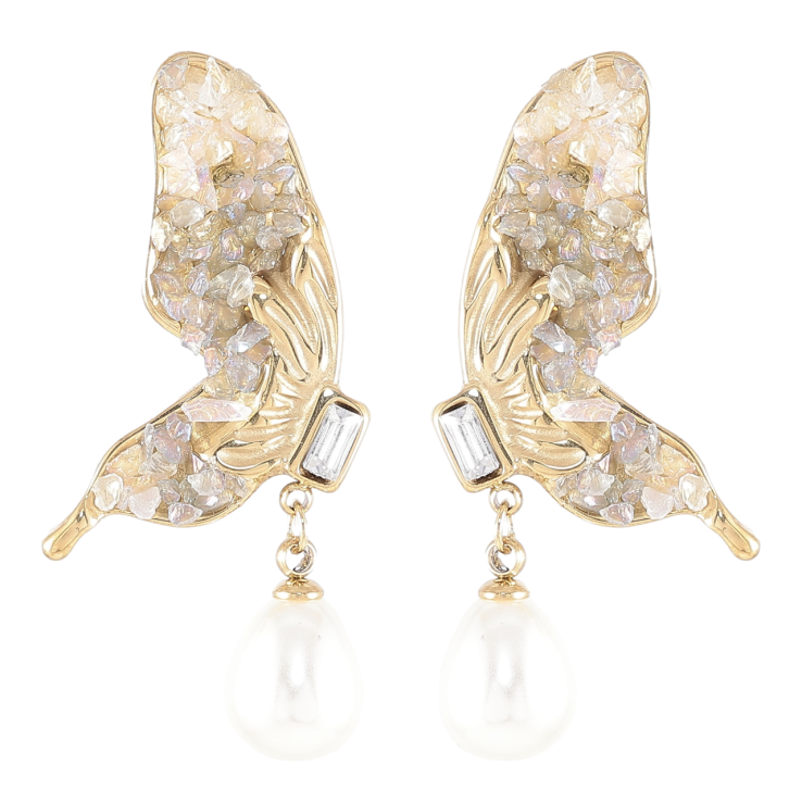 Серьги Xuping TTM Stainless Steel цвет 14K пусеты Бабочки с кристаллами и жемчужными подвесками фото №8
