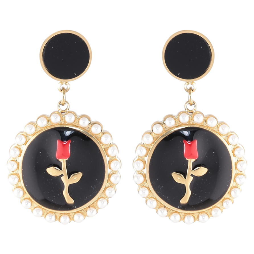 Серьги Xuping TTM Stainless Steel цвет 14K пусеты Цветочные подвески с эмалью и жемчужинками фото №1