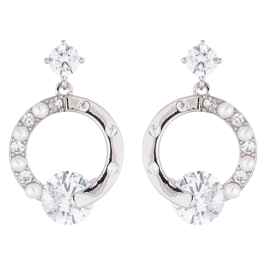 Серьги Xuping Родий пусеты Круглые подвески с цирконием и жемчужинами фото №1