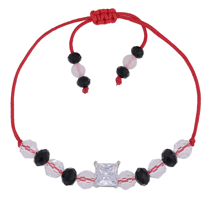Браслет Xuping Родий Красный шнур с прозрачными и черными бусинами, фианит, 7х7мм на затяжке 12-20см х 1мм фото №3