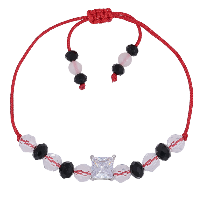 Браслет Xuping Родий Красный шнур с прозрачными и черными бусинами, фианит, 7х7мм на затяжке 12-20см х 1мм фото №1