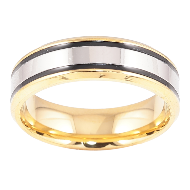 Кольцо Xuping TTM Stainless Steel Цвет 14К + Родий Полосы черной эмалью, шир. 6мм фото №1