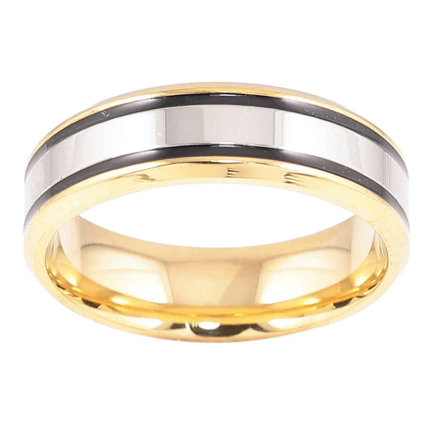 Каблучка Xuping TTM Stainless Steel Колір 14К + Родій «Смуги чорною емаллю, шир. 6мм» фото №1