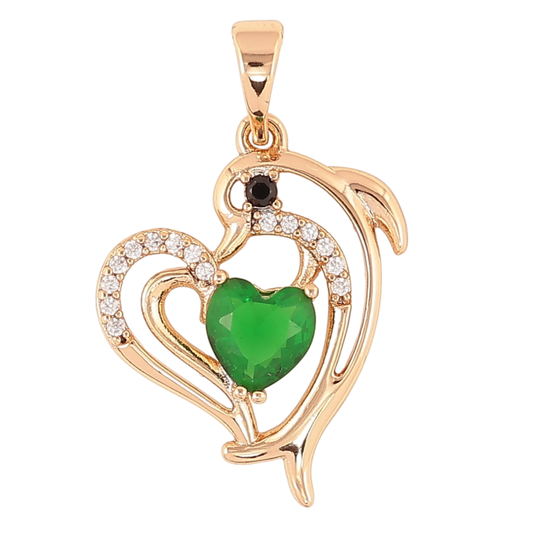 Кулон Xuping Позолота 18K Сердечко с дельфином и зеленым фианитом для цепочки до 5мм фото №1