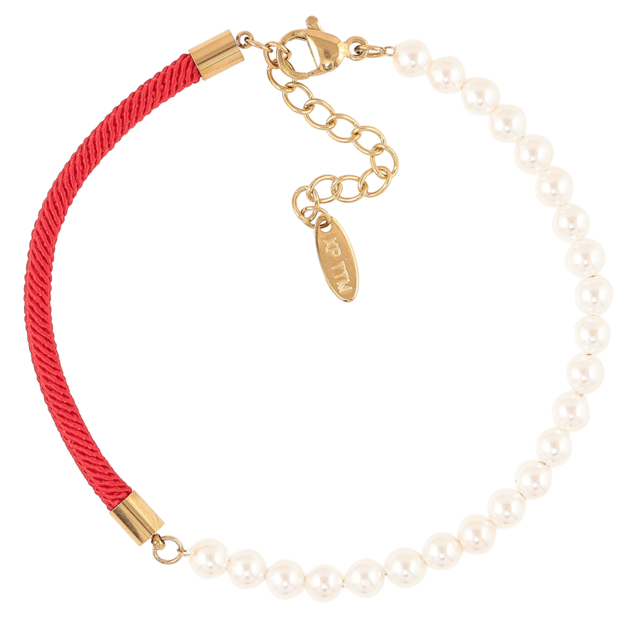 Браслет Xuping ТТМ Stainless Steel цвет 14K Красный шнур с жемчужинами длинна с доп.цепочкой 19-22.5см х 3мм фото №1 Браслет Xuping ТТМ Stainless Steel цвет 14K Красный шнур с жемчужинами длинна с доп.цепочкой 19-22.5см х 3мм фото №1