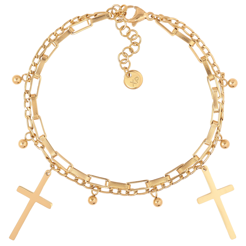 Браслет Xuping ТТМ Stainless Steel колір 14K Два ланцюжки з підвісками Хрестики» з доп.ланцюжком 18.5-21см х 3мм фото №1