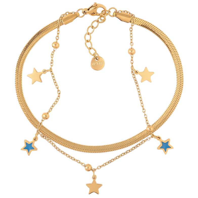 Браслет Xuping ТТМ Stainless Steel цвет 14K Две цепочки с подвесками звезды с доп.цепочкой 19-22см х 3мм фото №1