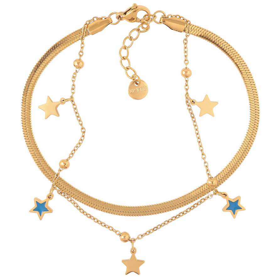 Браслет Xuping ТТМ Stainless Steel колір 14K Два ланцюжки з підвісками зірки» з доп.ланцюжком 19-22см х 3мм фото №1
