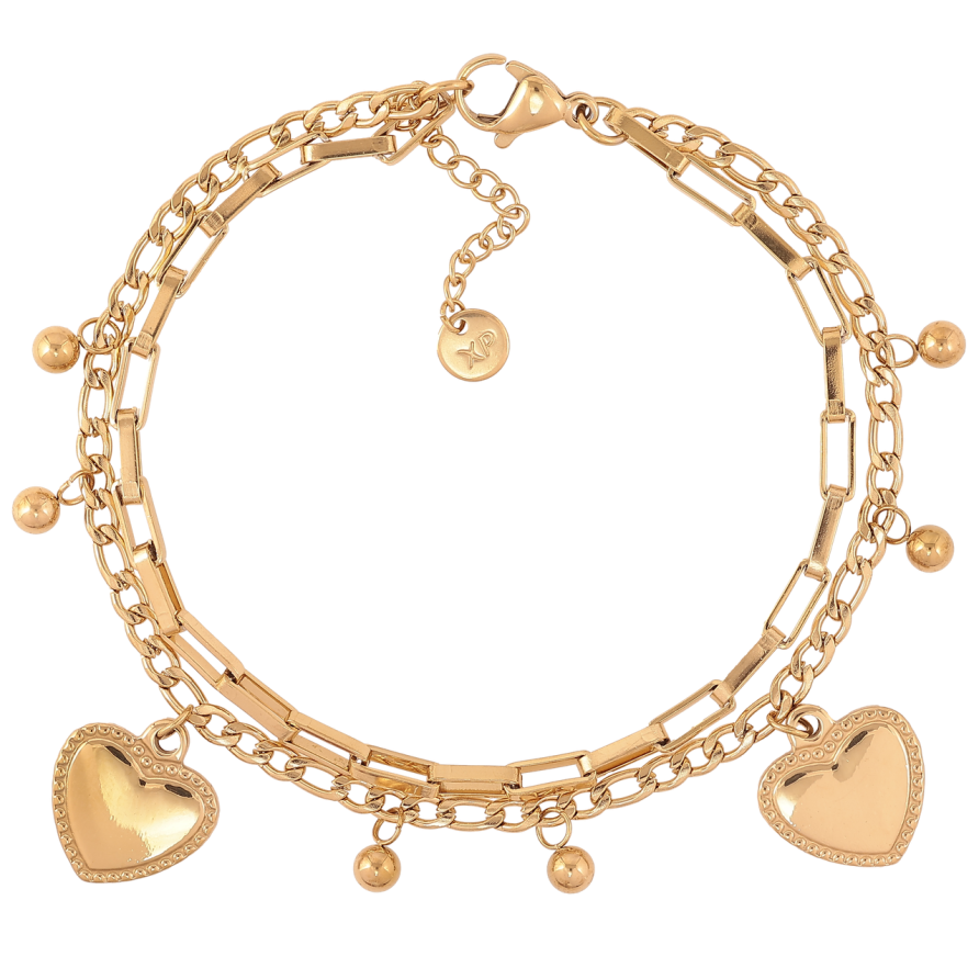 Браслет Xuping ТТМ Stainless Steel колір 14K Два ланцюжки з сердечками» з доп.ланцюжком 19.5-23см х 3мм фото №1