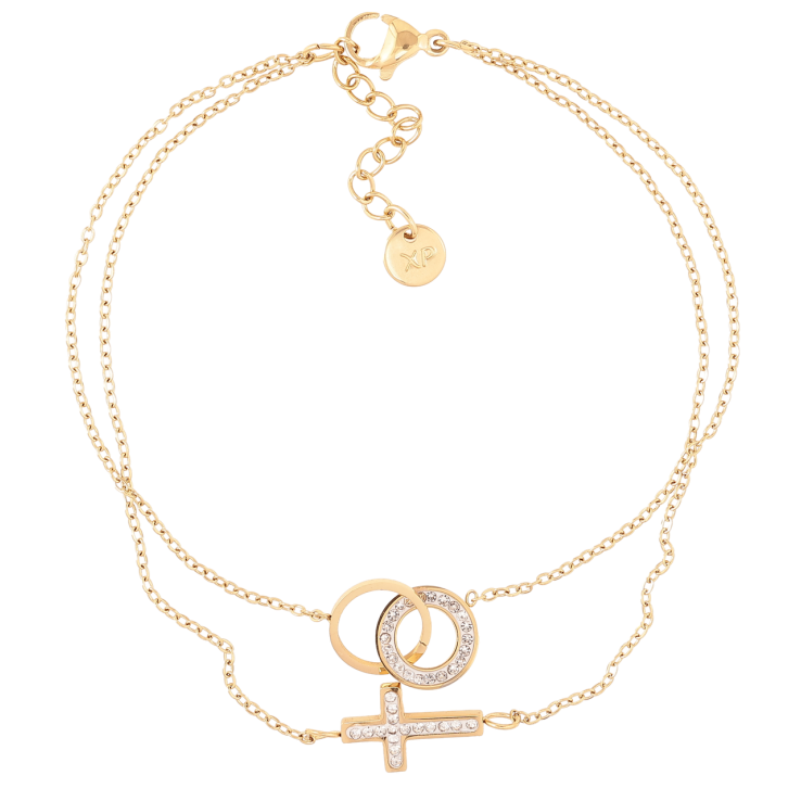 Браслет Xuping ТТМ Stainless Steel цвет 14K Две цепочки с Крестиком и колечками с доп.цепочкой 19-22см х 1мм фото №14