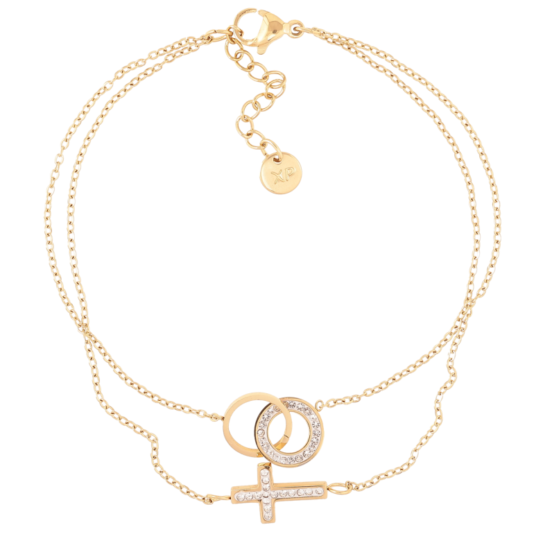 Браслет Xuping ТТМ Stainless Steel колір 14K Два ланцюжки з Хрестиком і кільцями» з дод.ланцюжком 19-22см х 1мм фото №1