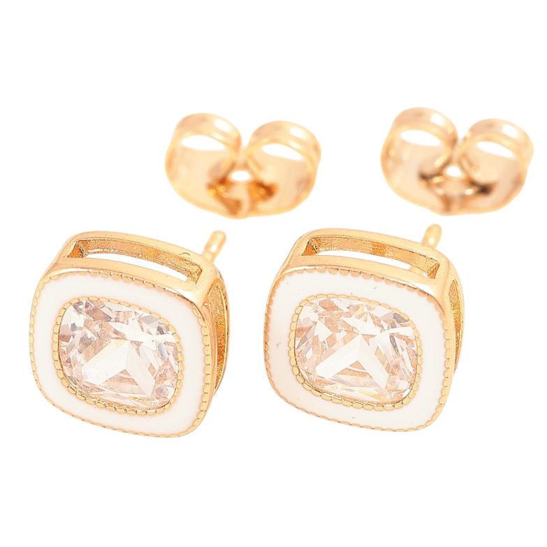 Серьги Xuping Позолота 18K пусеты Фианиты в ободке белой эмали 9х9мм фото №2