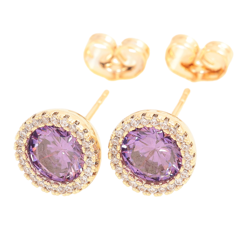 Серьги Xuping Позолота 18K пусеты Сиреневые фианиты в обрамлении циркония ø 10мм фото №1