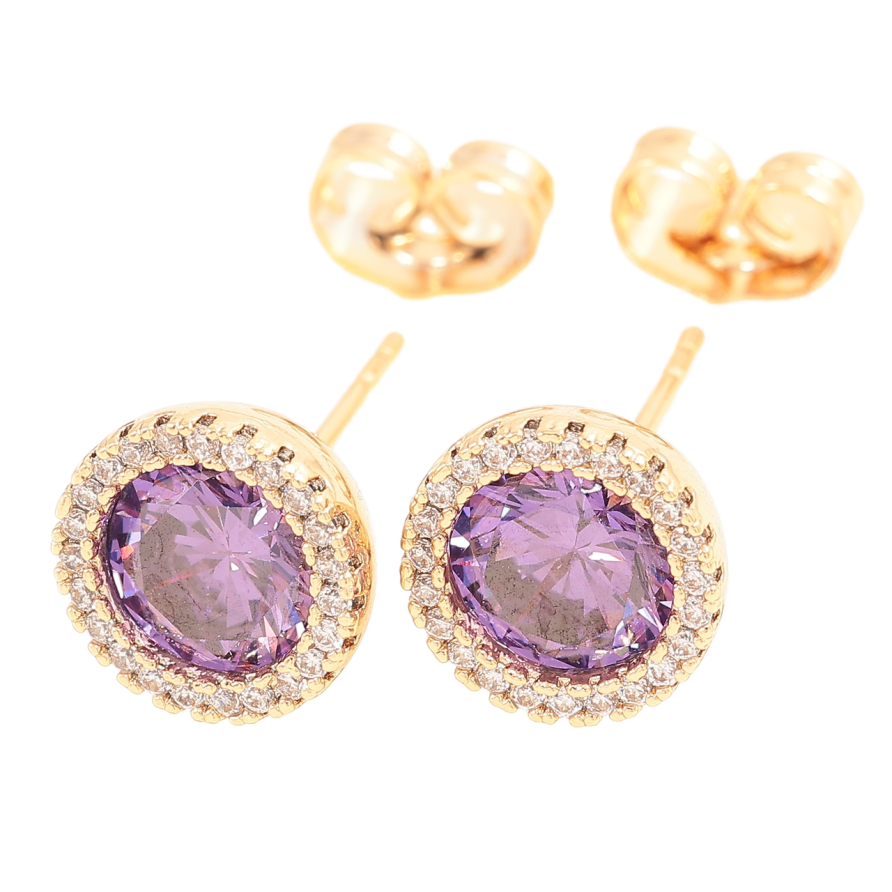 Серьги Xuping Позолота 18K пусеты Сиреневые фианиты в обрамлении циркония ø 10мм фото №1