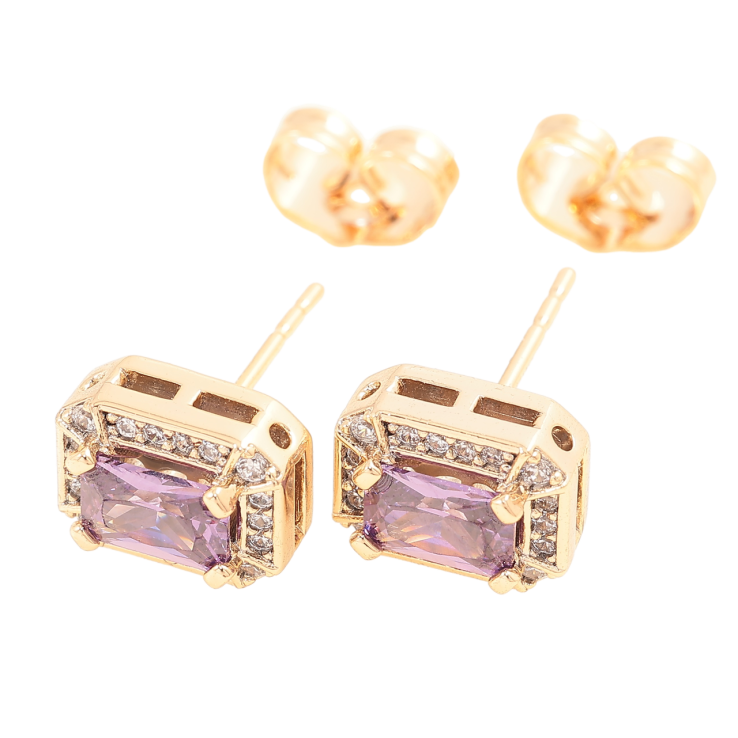 Серьги Xuping Позолота 18K пусеты Сиреневые фианиты в обрамлении циркония 7х9мм фото №2